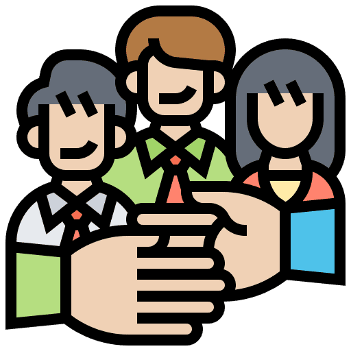 Group of students and a handshake icon