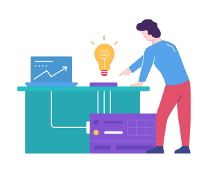 Person developing ideas with charts and lightbulb